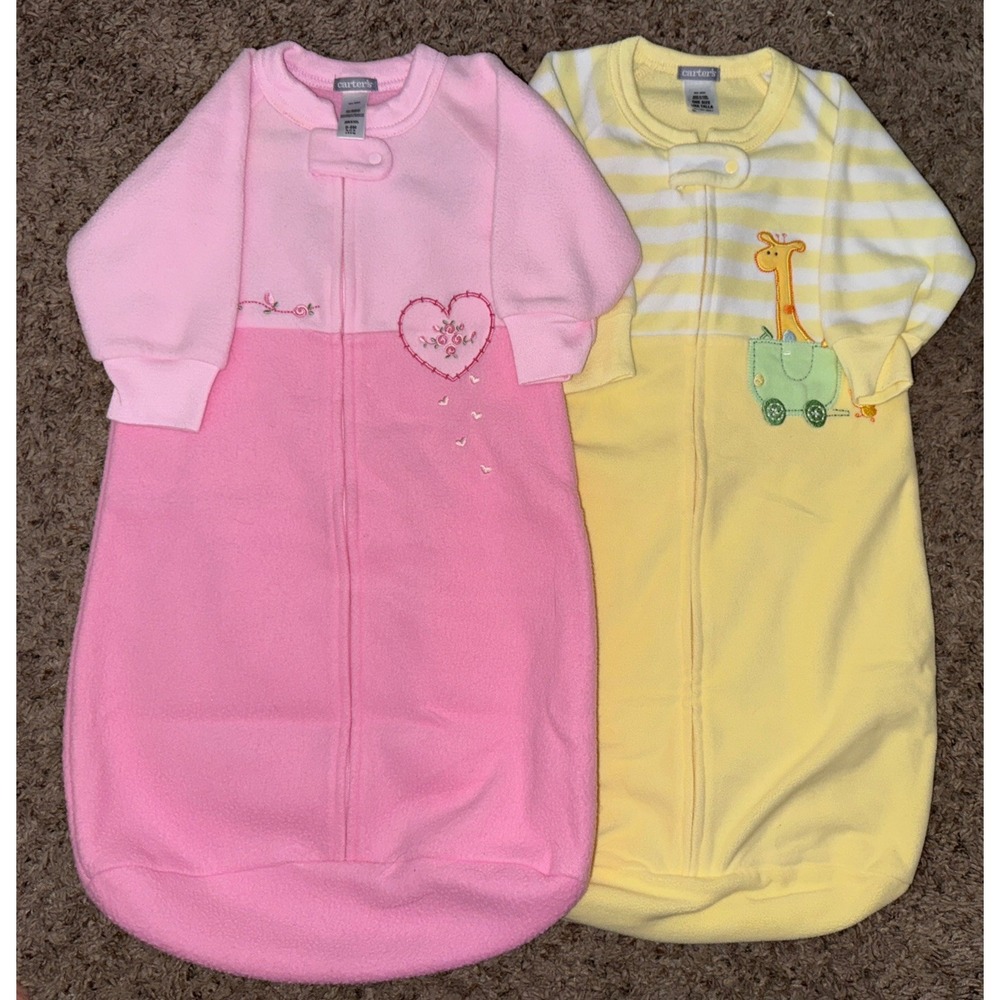 2 Carter's‎ 0-9 Month Fleece Sleep Bags Yellow Giraffe/Pink Flowers